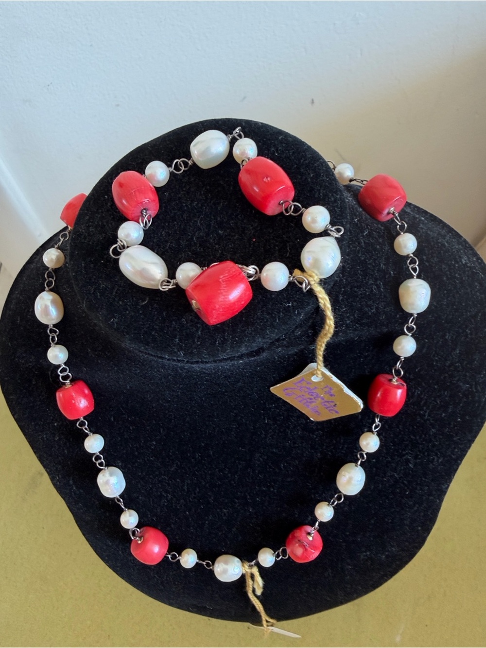 Red Coral-Bead and Fresh Water Pearl Pearl Statement Necklace & Bracelet by